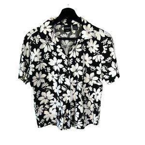 Vintage 90s Black White Floral Button Up Short Sleeve Top Medium